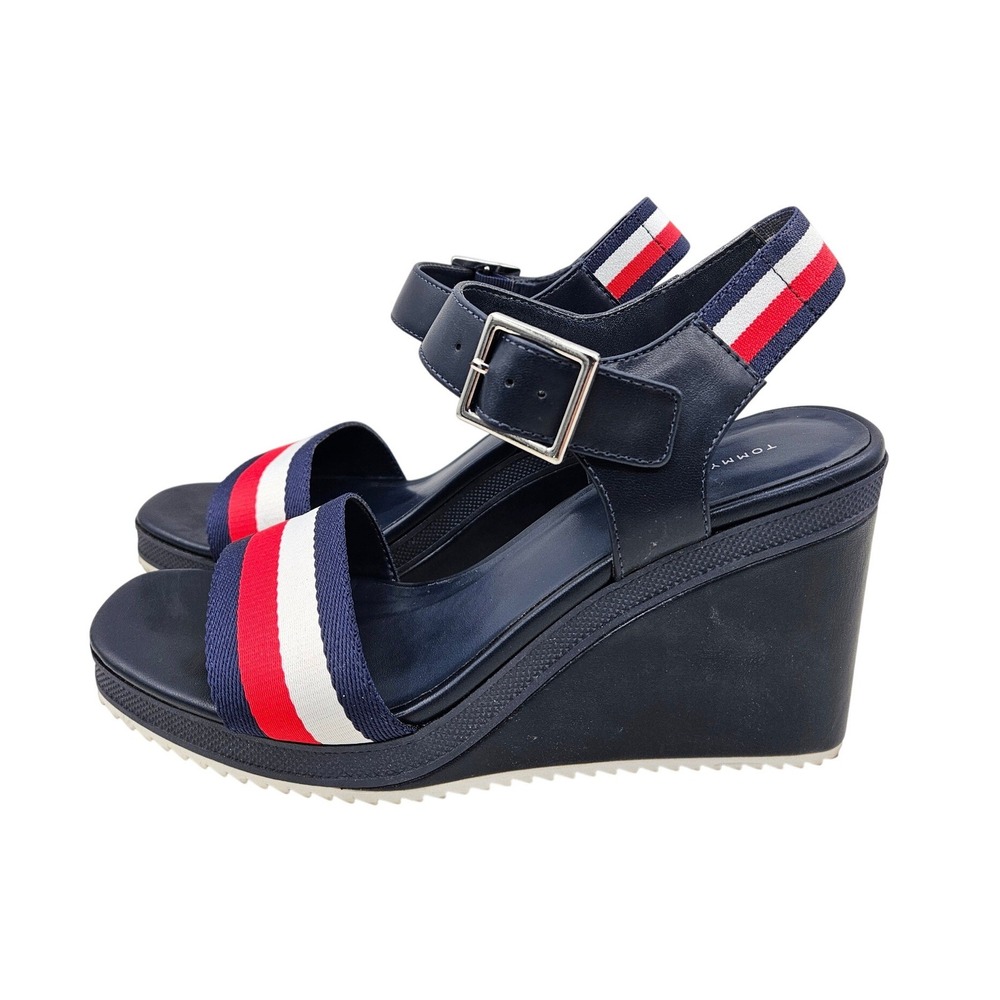 Tommy Hilfiger Haydee 2 Navy Red White Striped Wedge Sandals TWHAYDEE2 Women 9M
